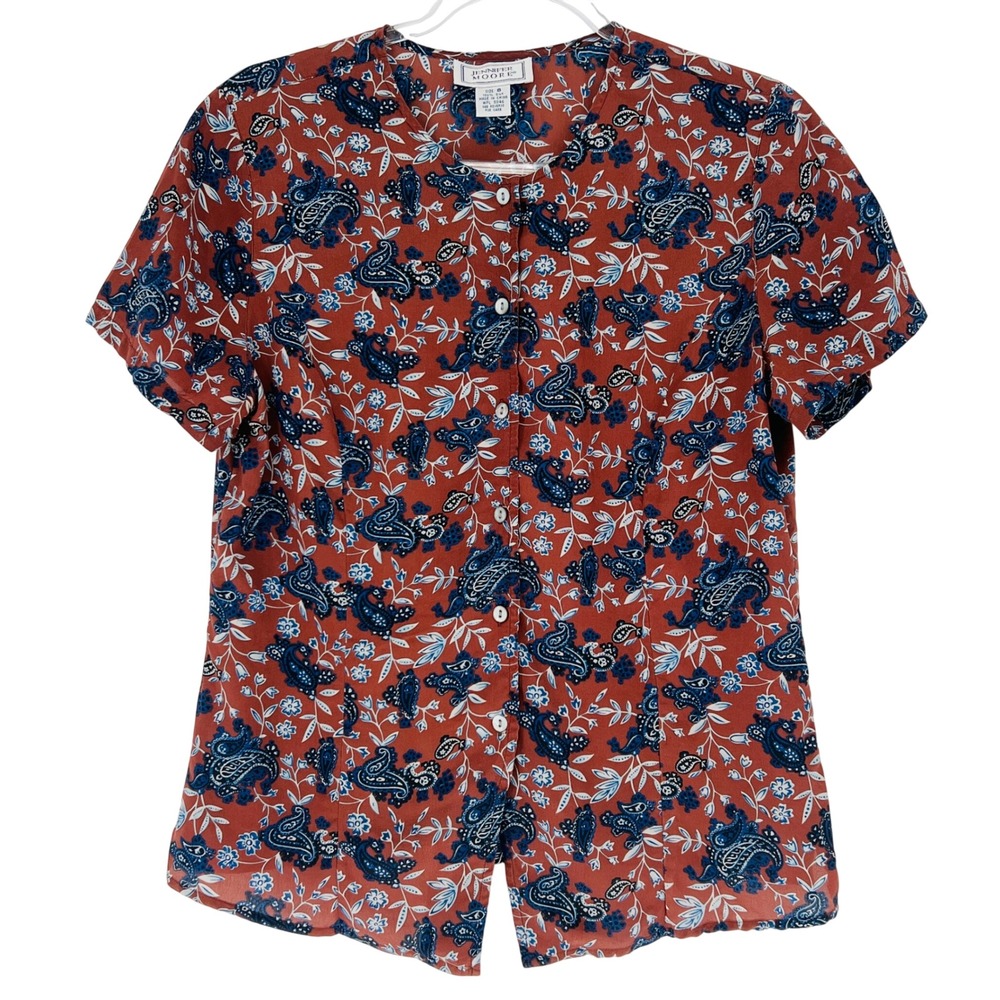 Jennifer Moore Blouse Women 8 Brown Navy Silk Paisley Vintage 90s Short Sleeve
